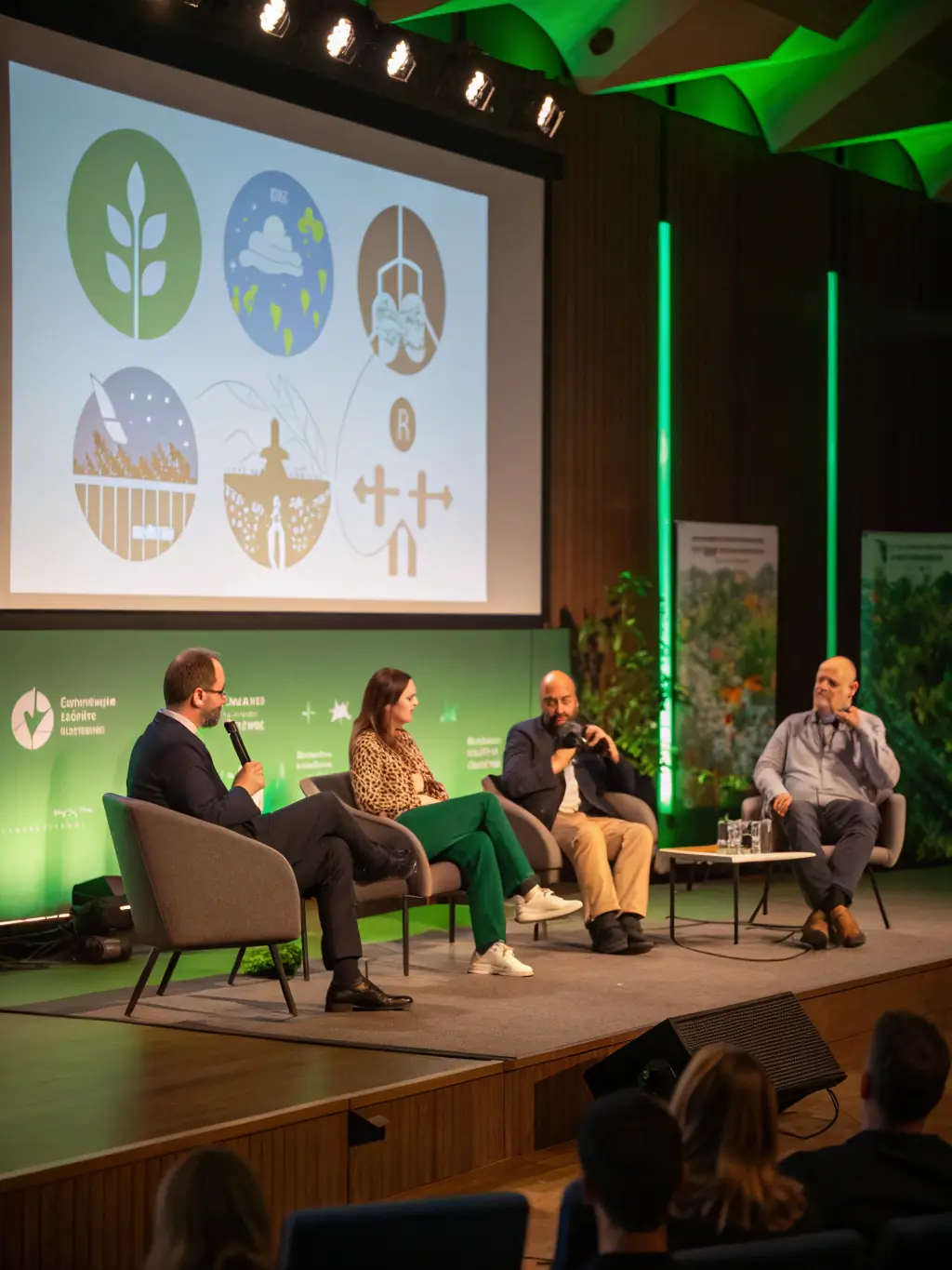 A photograph of a conference in Birmingham, showing a panel discussion with industry experts sharing insights and answering questions from the audience.