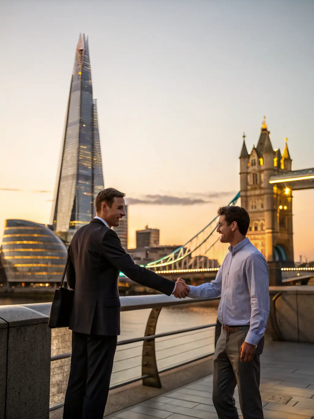 A photograph of a conference in London, featuring a diverse group of attendees networking during a coffee break, with iconic London landmarks visible in the background.