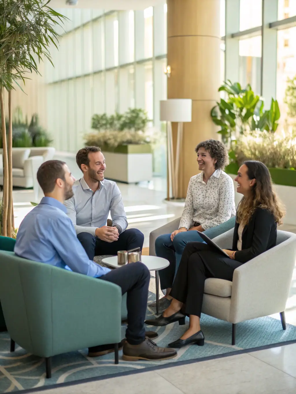 A candid shot of two conference attendees networking during a coffee break, discussing potential collaborations and sharing insights.